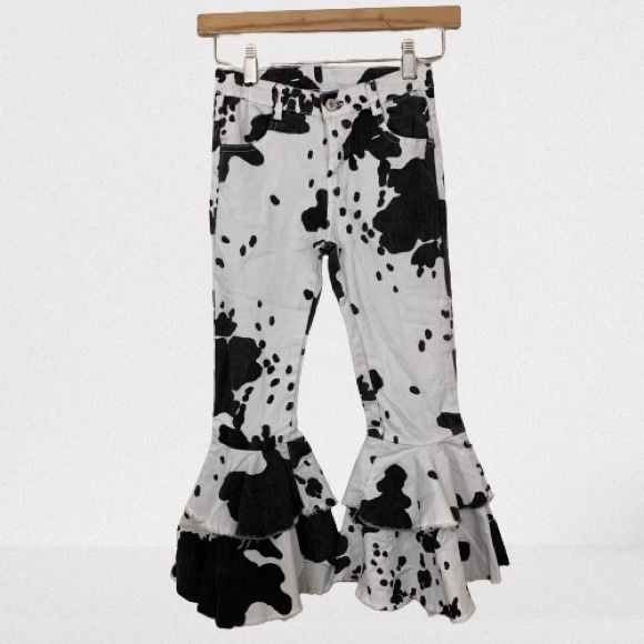 Other - Girls Black White Cow Print Raw Hem Flare Jeans Size 8